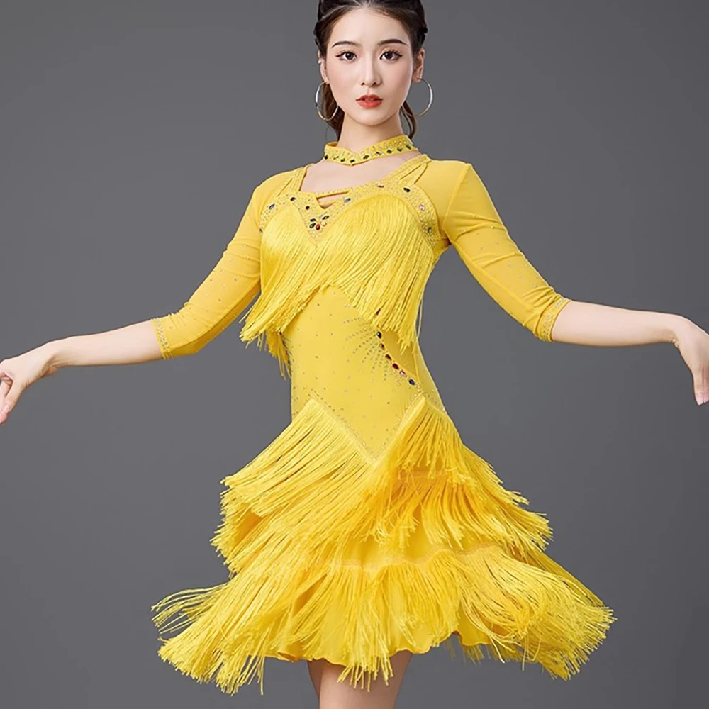 

2025 New Fringed Latin Dance Dress for Women Performance Rumba Salsa Stage Dancewear Tassel Costumes