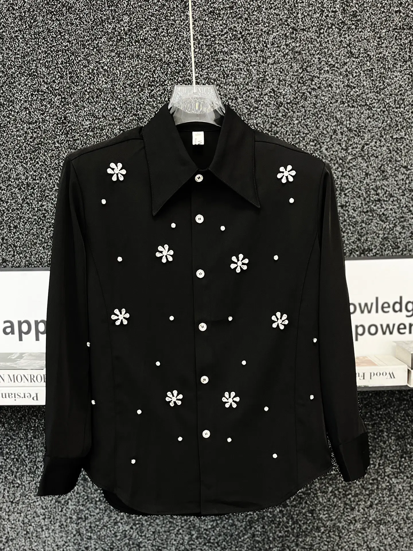Luxury Rhinestone Flower Shirt Men's Long Sleeved Casual Shirts Trendy Padded Shoulder Shirts Social Stage Performances Costumes