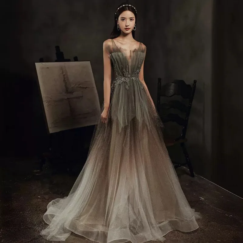 

Evening Gown, Female Banquet Temperament, Host, Long Forest Style Dress, Slimming Fashion, Socialite Style, Student Art Exam
