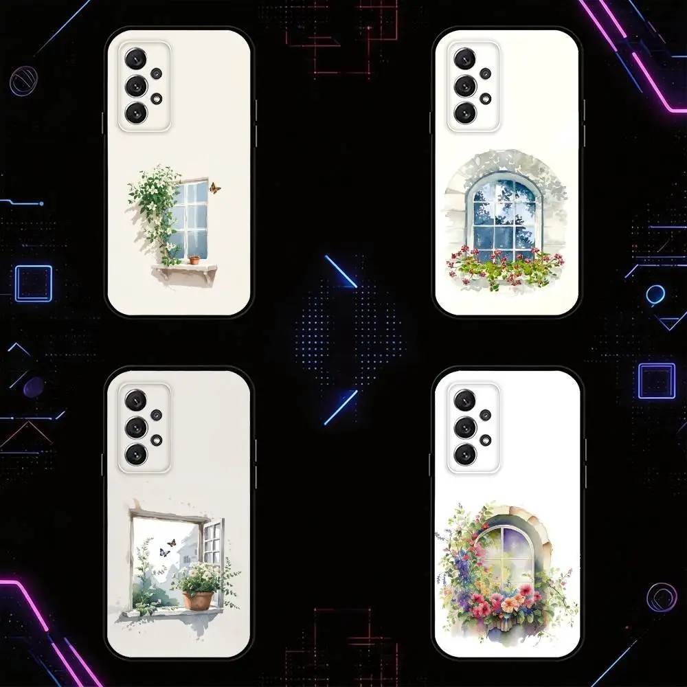 

W-Watercolor flowers by the window phone Case For Samsung S25,24,21,22,23,30,Ultra,20,Plus,Fe,Lite,Note Soft Black Cover