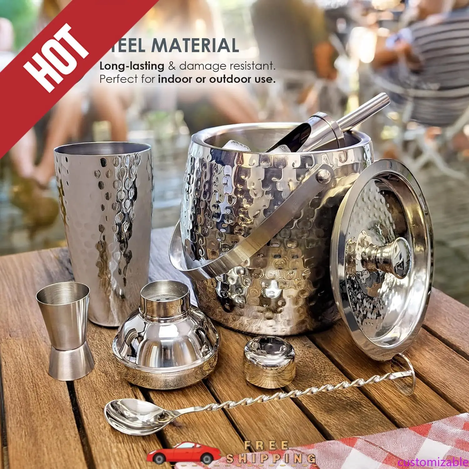 

Customizable Insulated Ice Bucket for Cocktail Bar with Drink Shaker 5-Piece Cocktail Set for Parties with Lid & Scoop, Bartende
