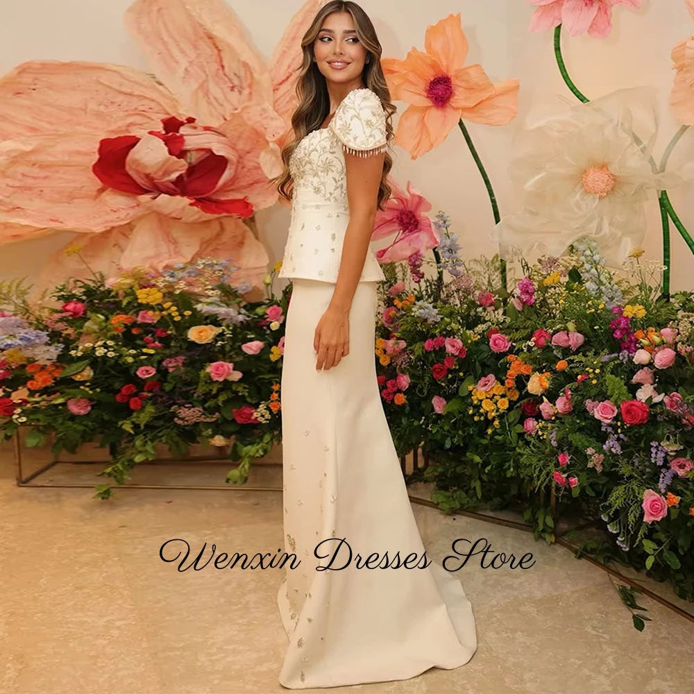 Romantic Ivory Jersey Evening Dress Customized Square Collar Short Sleeves Prom Dress Modern Court Train Special Occasion Gowns image 2