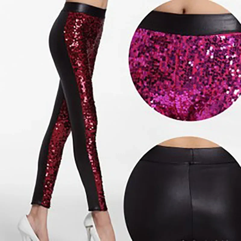 Shiny Sequin Pants Pantalon Femme Vintage Club Party Trousers Female Cargo Pants Women High Waisted Legging Faux Pu Leather