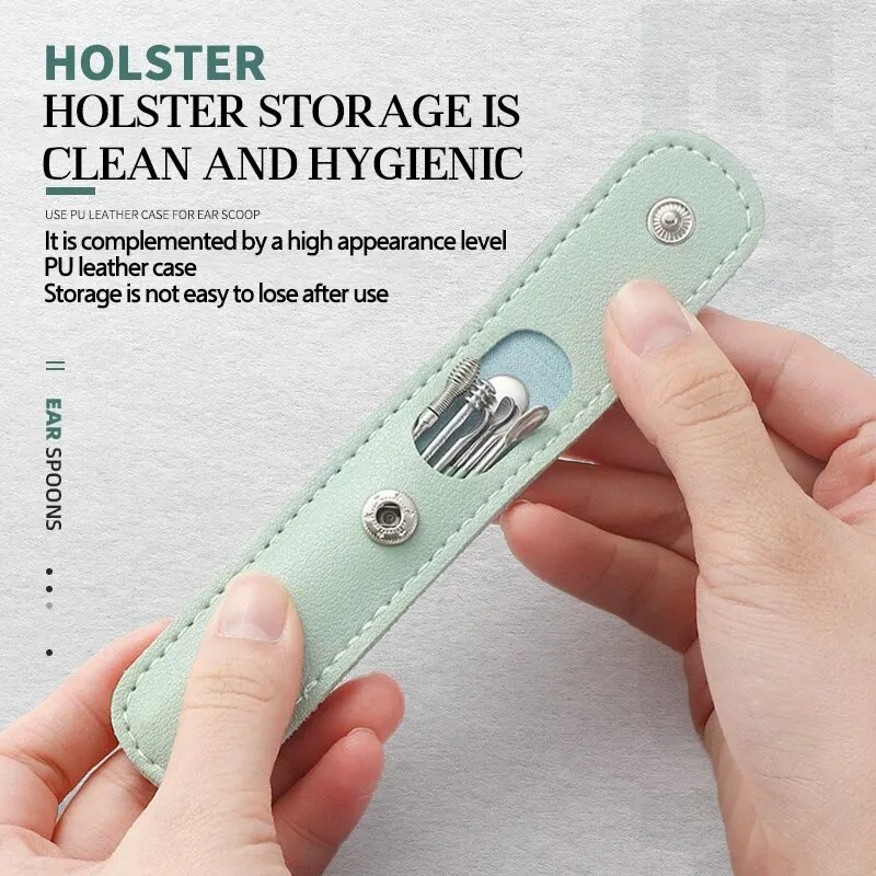 이어스푼 6종 귀이개 도구 스테인리스 스틸 귀이개 스푼 가죽 가방 귀 청소 스푼 가정에서 휴대하기 쉬움