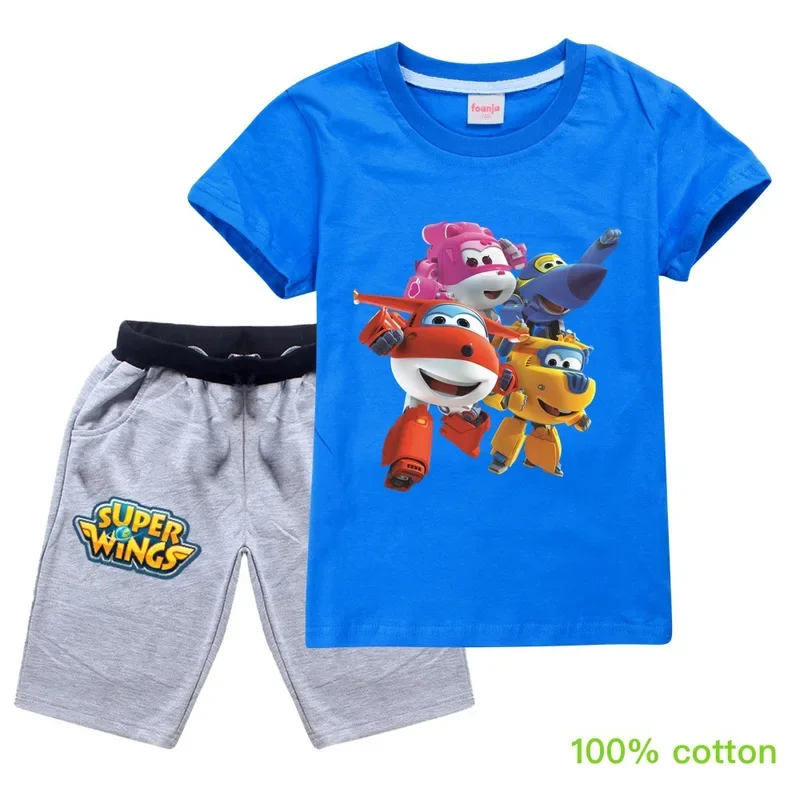 Kids Super Wings Clothes Boys Girls Jett Dizzy Donnie Crystal Cosplay Summer Clothing Short Sleeve Tshirt Pants Children Outfit