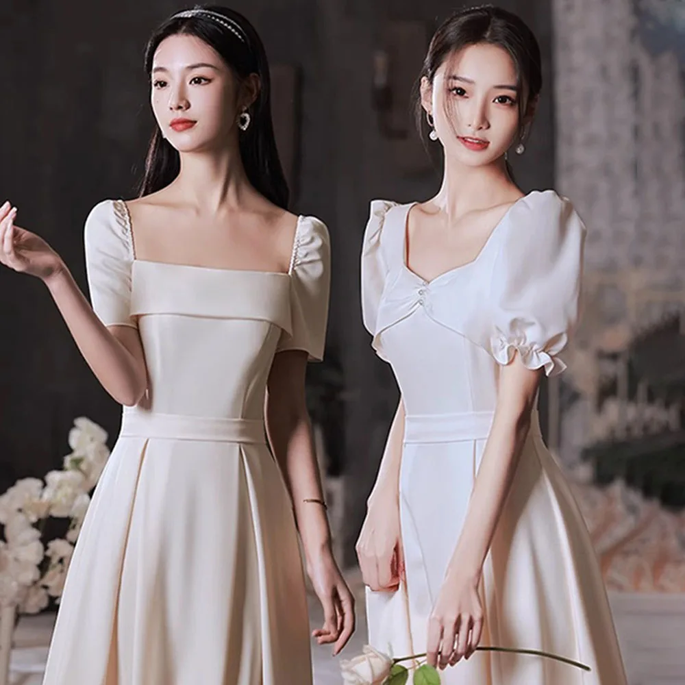 4 Styles Simple Solid Bridesmaid Dress Women's Satin Square Collar Slim Fit Puff Sleeves A-Line Wedding Party Guest Vestido