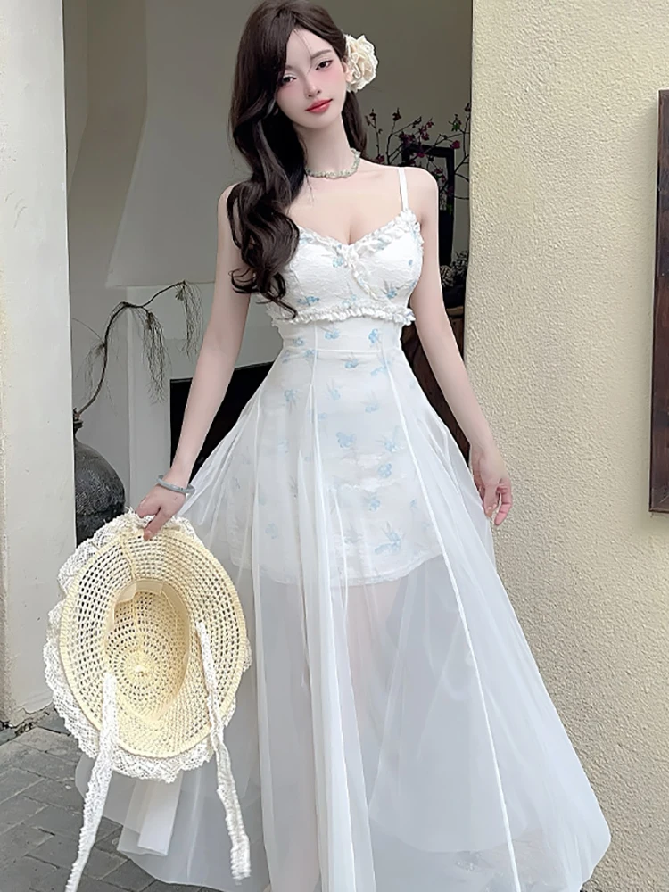 

Women Fashion Jacquard Floral Patchwork Mesh Maxi Dress Summer Elegant Beach Style Dress 2025 Korean Luxury Bodycon Party Dress