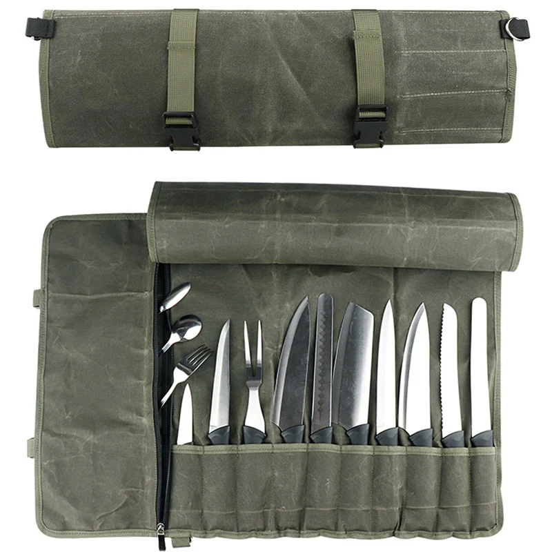 Canvas Chef Knife Roll Bag Portable Chef Kitchen Knife Storage Pockets 11 Slot Durable School Camping Cooking Knives Carry Case