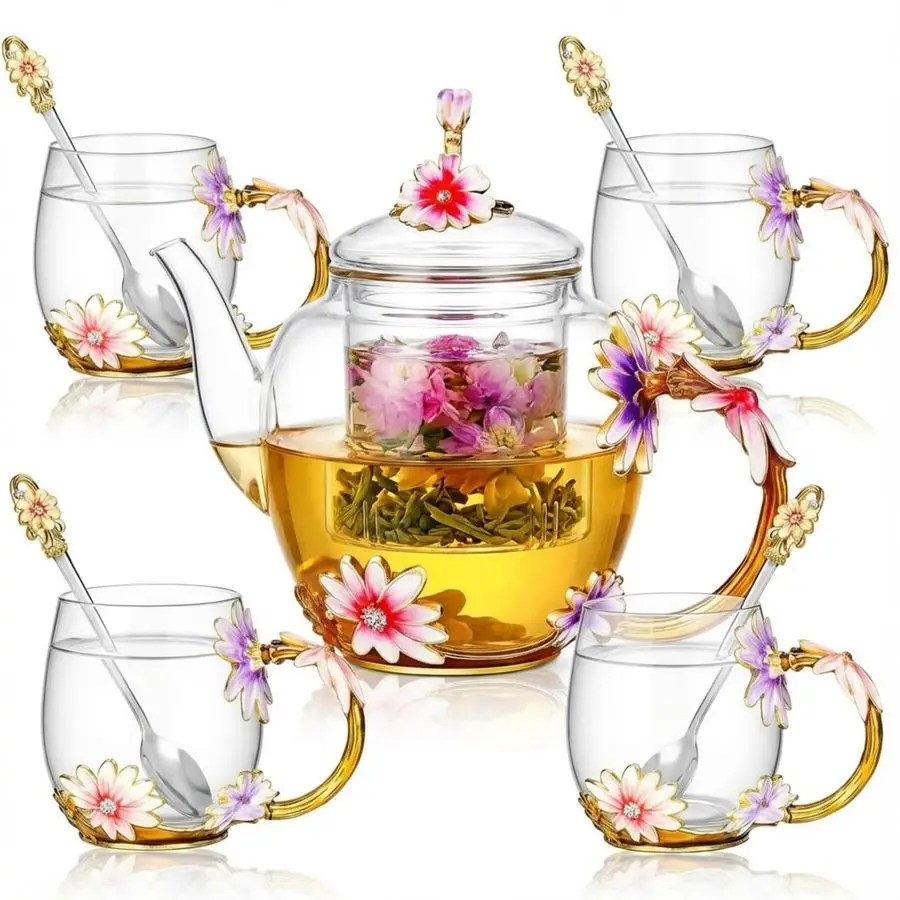 

5 Pcs Floral Glass Tea Set for Adults, Tea Cup Glass Coffee Mugs, 51 oz Vintage Flower Teapot, 4 Daisy Enamel Cups 11 oz with Sp