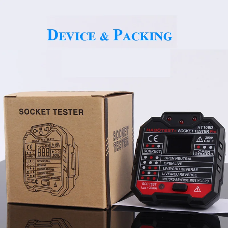 HT106/HT107 Digital Outlet Socket Detector Voltage Test Socket Testers US/UK/EU Plug Ground Zero Line Phase Check RCD NCV Tester