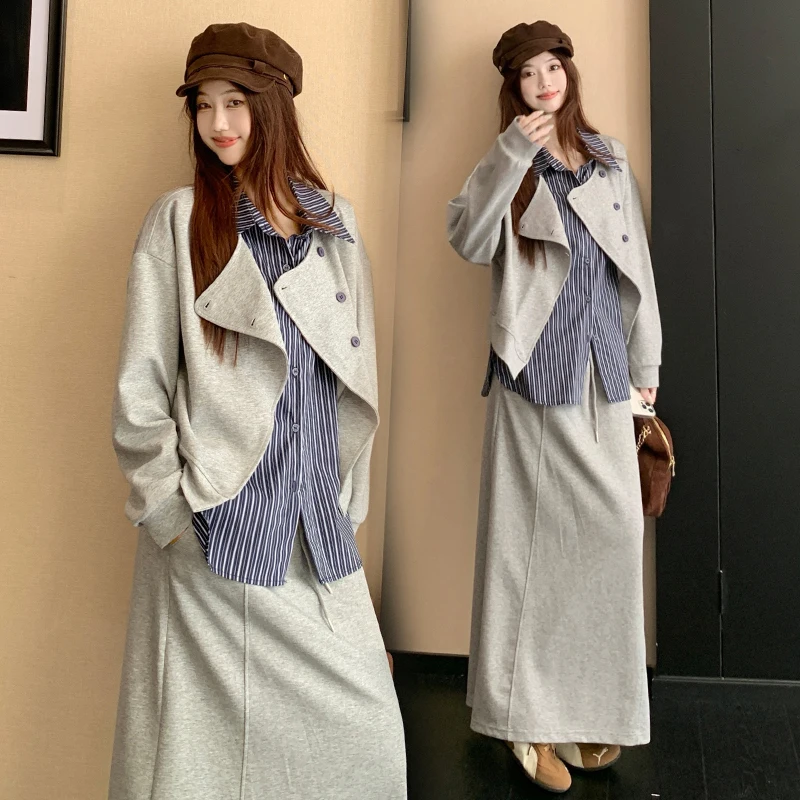 

Винтажный свободный женский комплект из 2 предметов с юбкой, лоскутные толстовки в полоску с длинными рукавами, костюм и прямые юбки, осень-зима, новинка 2023 года