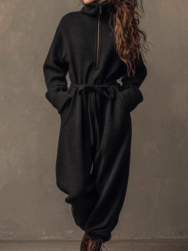 

Лоскутные комбинезоны с воротником-стойкой и молнией, женские весенне-осенние простые комбинезоны с длинными рукавами, модные женские боди на шнуровке 2025 года