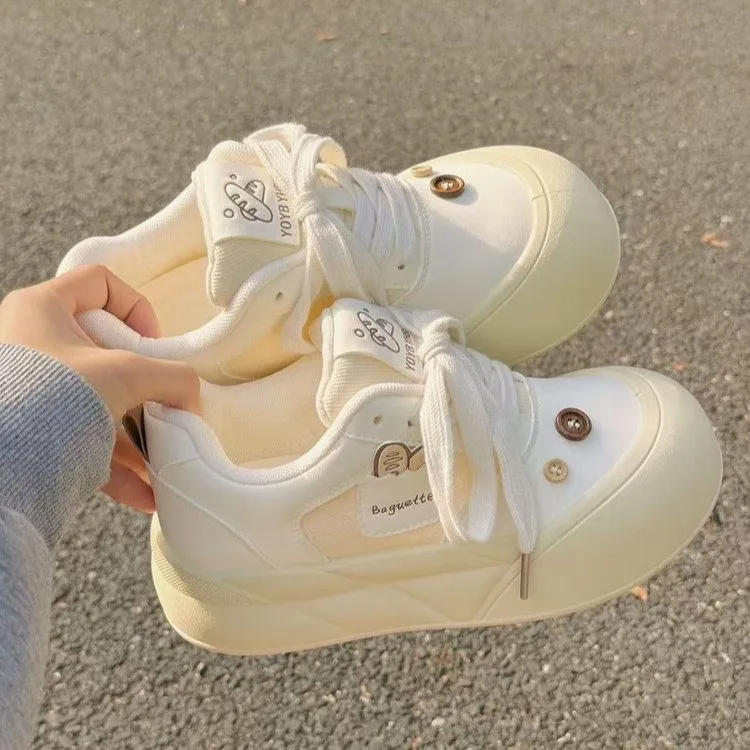 Mellard Thick-Soled Sporty White Sneakers for Women 2026 New Versatile Niche Cute Big-Head Bread Sneakers
