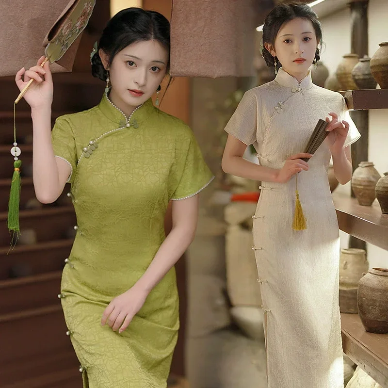 

Весна/Лето 2023, зеленое новое модное утягивающее жаккардовое платье Cheongsam, улучшенное китайское платье Qipao с разрезом, Vestidos