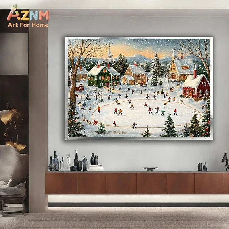 AZNM Vintage Christmas Town Canvas Wall Art Snowy Village Ice Skating People Winter Forest House Oil Print Unframed Canvas Xmas