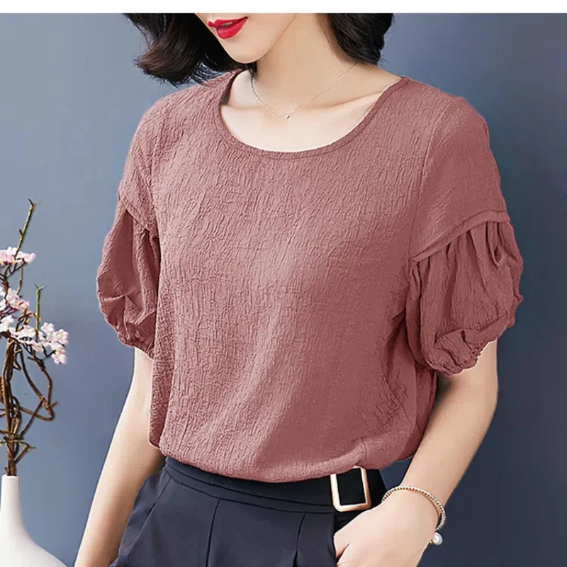 Simplicity Office Lady Summer Women\'s O-Neck Solid Pleated Patchwork Fashion Versatile Loose Short Sleeve Chiffon Shirt Tops