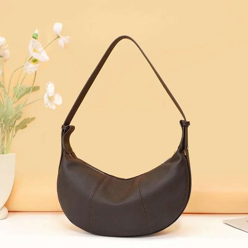 100% Echtes Leder Schultertasche für Damen Große Kapazität Halbmond-Form Designer Kuhledertasche für Pendler Shopper-Tasche – Detail 4