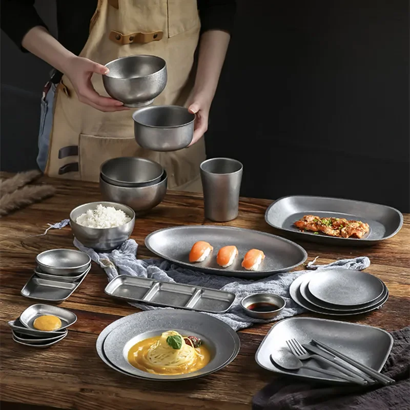 Retro Cutlery Set Plates Dinnerware Bowls Dining Plates Sauce Dish Fruit Bowl Double Wall Cup 304 Stainless Steel Cutlery