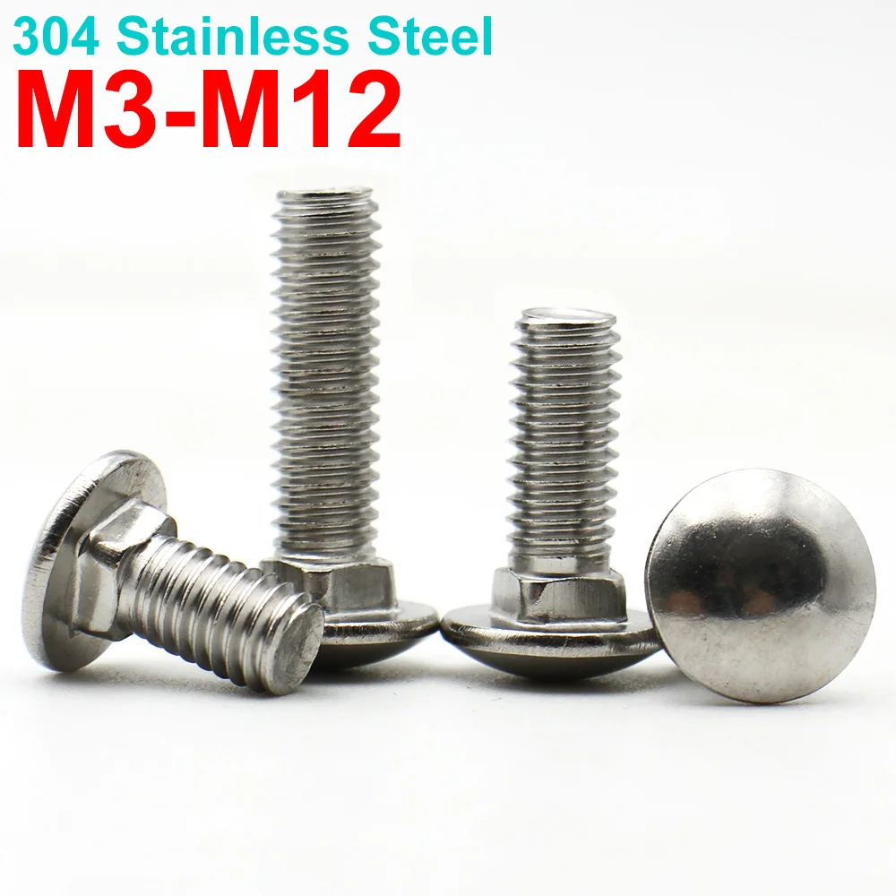

2-20pcs M3 M4 M5 M6 M8 M10 M12 304 Stainless Steel Carriage Bolt Large Head Half-Round Square Neck Screws Flat Head Shelf Bolts
