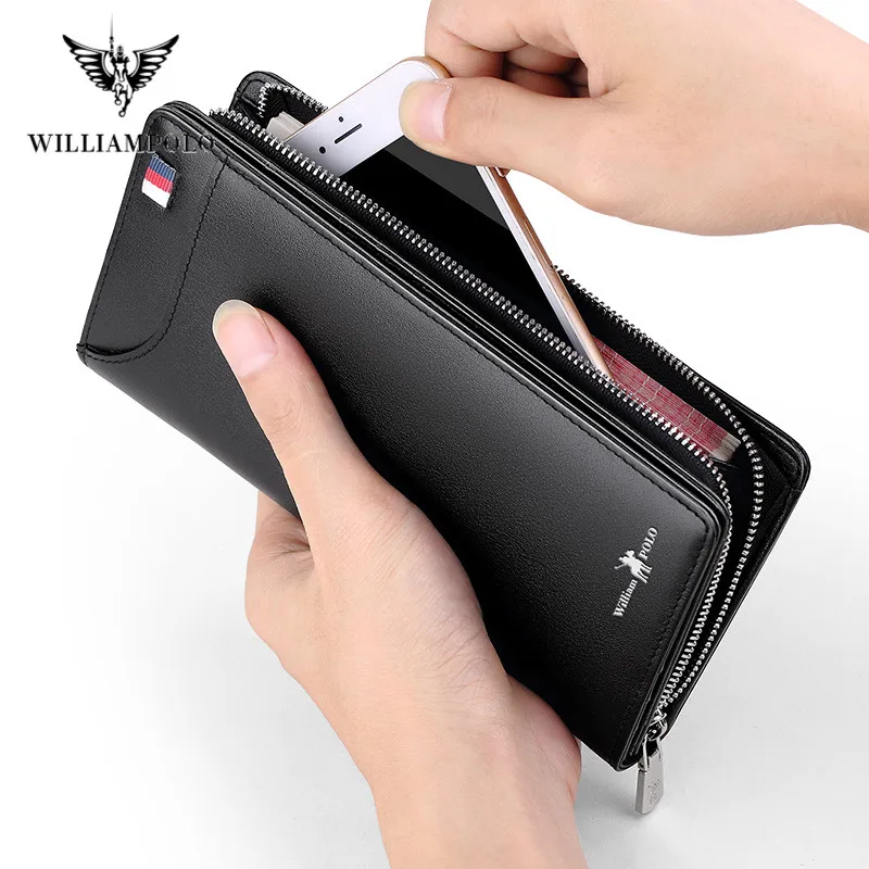 WILLIAMPOLO Men Wallets Long Style High Quality Card Holder Male Purse Zipper Large Capacity Brand Cow Leather Wallet For Men