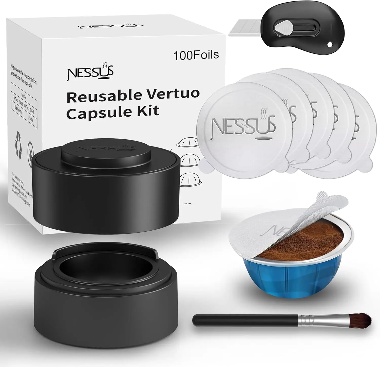 Reusable Coffee Capsule Kit for Vertuo Machines: 100 Foil Lids, Holder, Brush - Refillable Pods (No Coffee Included)
