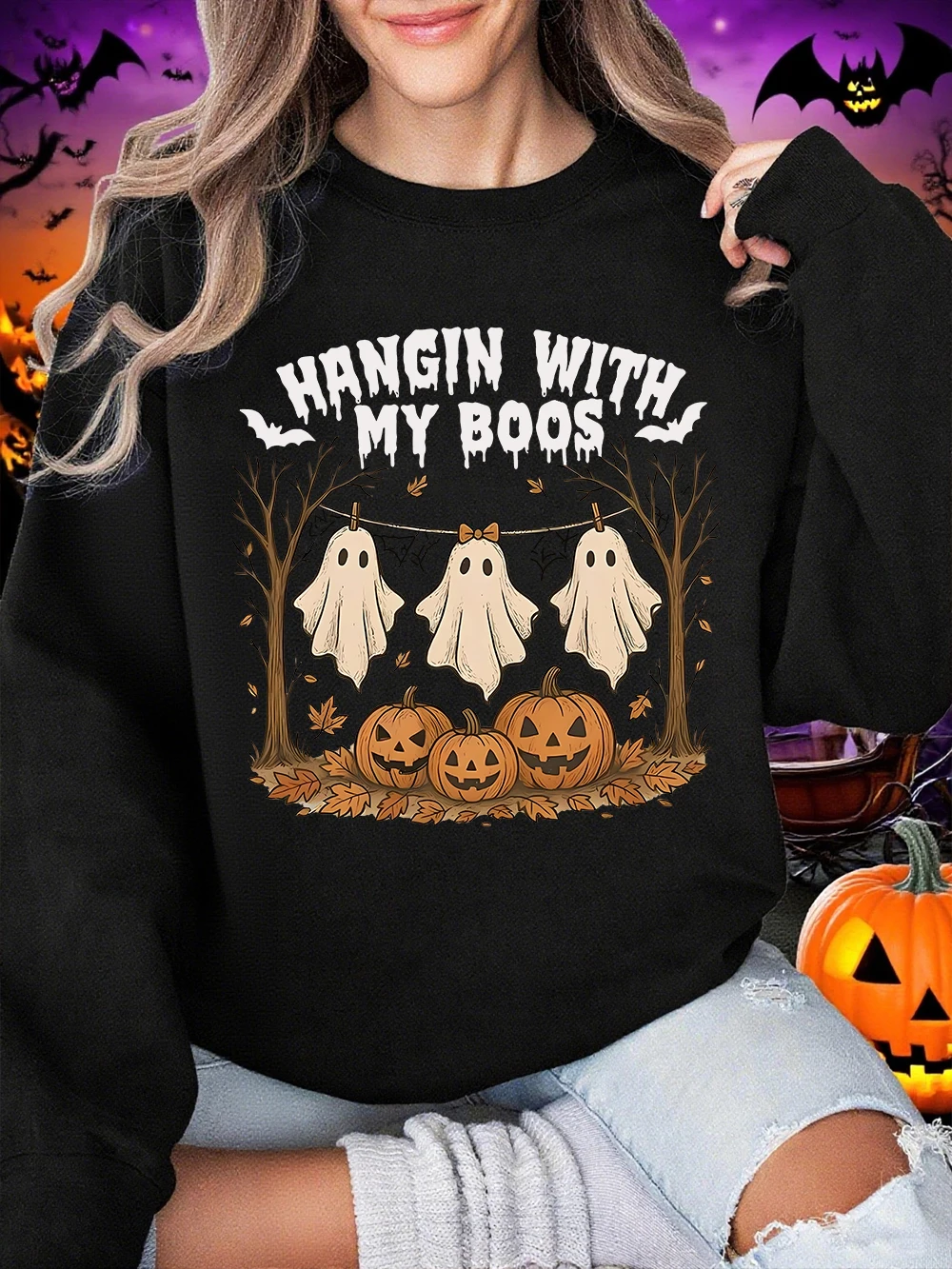 Halloween Sweatshirt Vrouwen Hangin With My Boos Gedrukt Hoodie Losse Fleece Warme Crewneck Trui Winter Casual Dameskleding