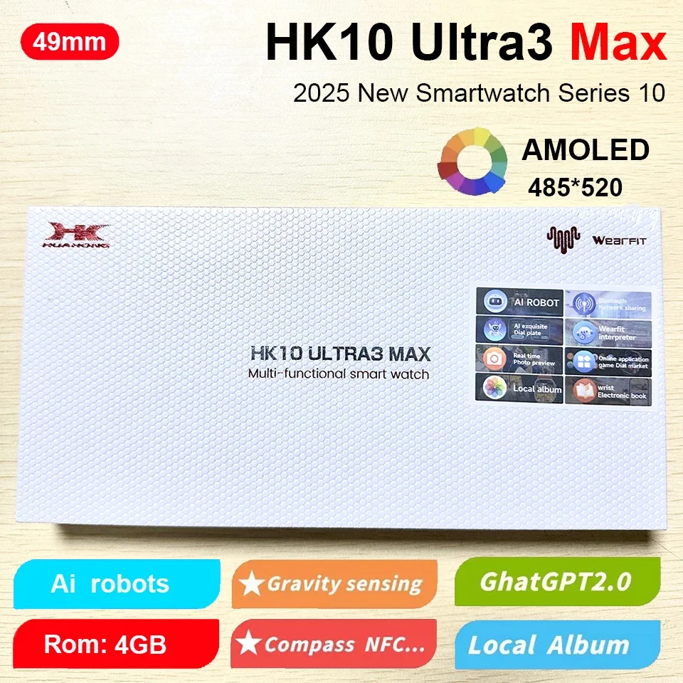 2025 Original HK10 Ultra 3 MAX reloj inteligente 4GB ROM AI ROBOT red compartido AMOLED NFC brújula GPS Smartwatch para ISO Android