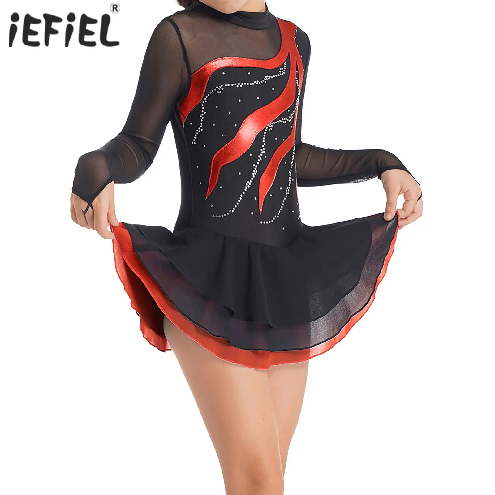 

Детское платье для фигурного катания на коньках для девочек, костюмы балерины, лирическое современное платье для латинских джазовых танцев, лоскутное платье с длинными рукавами