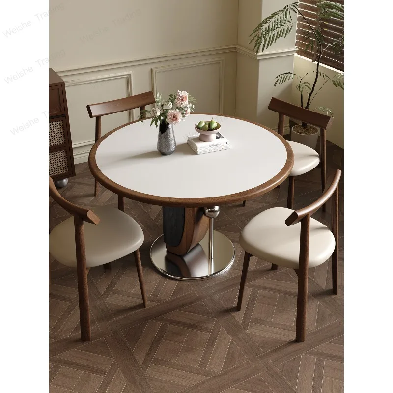 

Retro solid wood rock slab dining table Middle antique round dining table with turntable small apartment