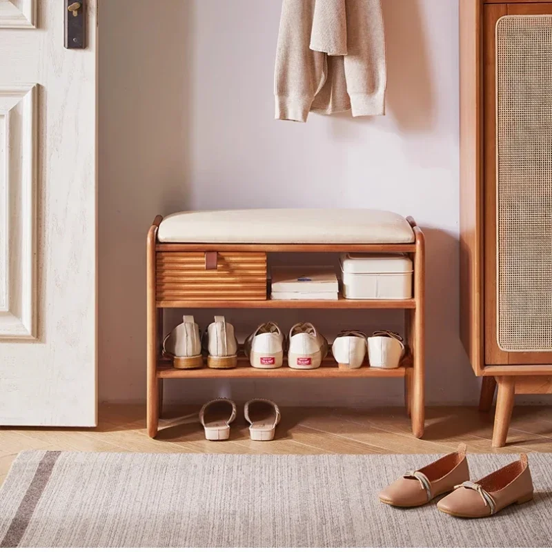 Entrance Seatable Shoe Cabinet 2-Layer Solid Wood Shoe Changing Stool High Elasticity Soft Bag Bench for Hallway Storage