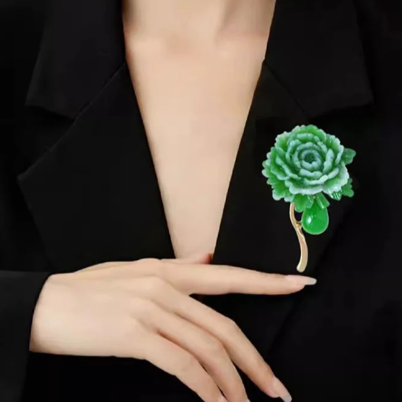 Vintage Resin Stone Green Peony Brooch for Woman Flower Lapel Pins Chinese Style Party Wedding Suit Coat Jewelry Gifts image 6