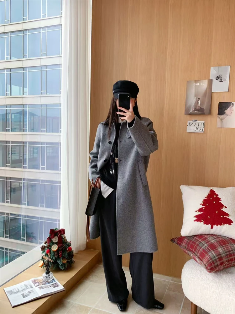 

Изысканное двустороннее шерстяное пальто с цветным контрастным дизайном, высококачественная модная женская верхняя одежда