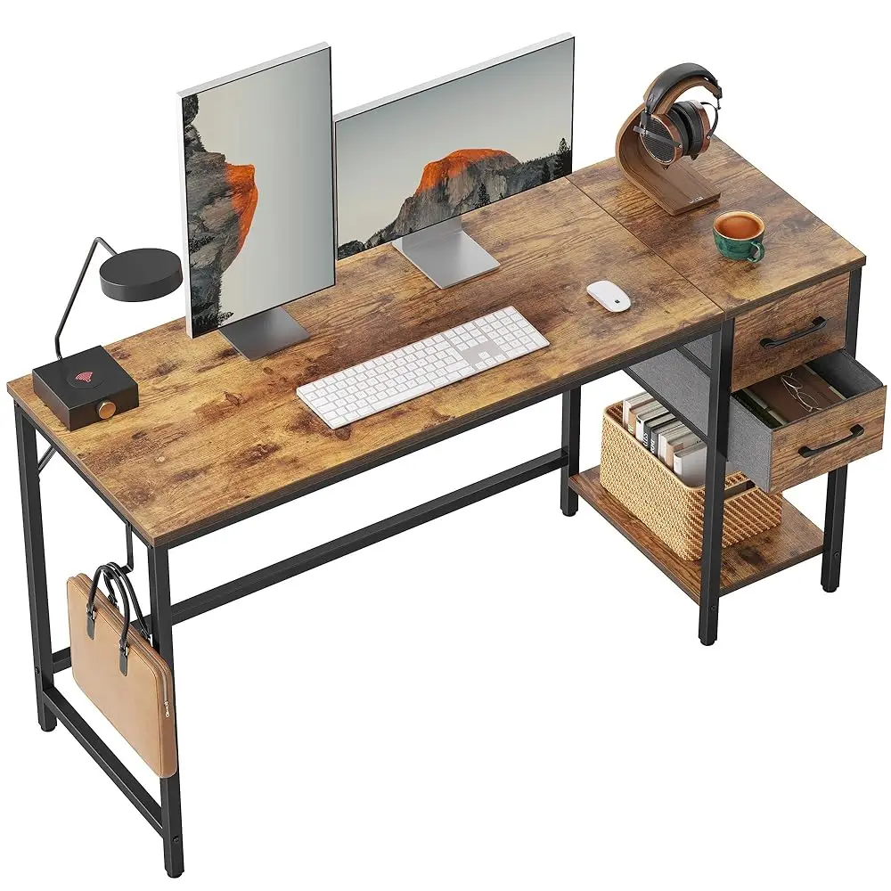 

Computer Desk With 2 Drawers, 55 H Small Home Office Desk Study Writing Table, Rustic Brown