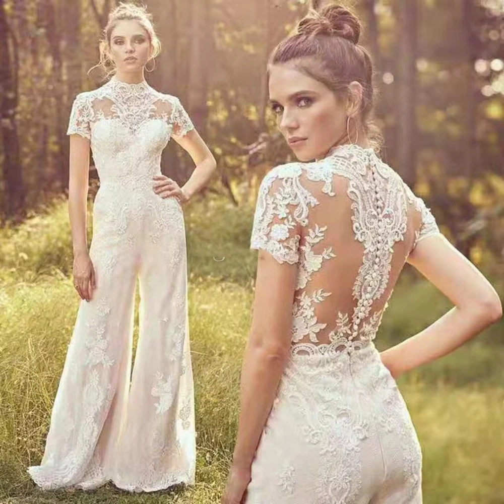 

Chic Women Wedding Jumpsuit Fashion Lace Appliques Pants Suits Floor Length Short Sleeves High Collar Elegant Bride Dresses