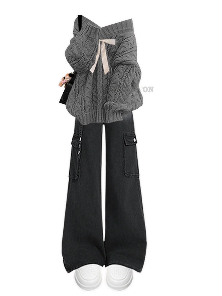 Ele plus Größe Herbst Set Damen Casual Lose Strickpullover Vintage Adient Jeans Zweiteiliges Set Age-Defng Faion