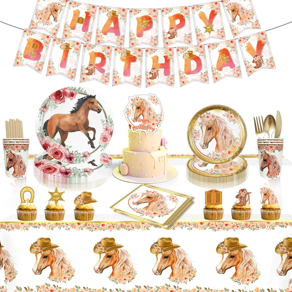 Horse Birthday Party Decoration Tablecloth Tableware Supplies Paper Cups Napkins Plates Backdrop Horse Balloon Set Kids Favor