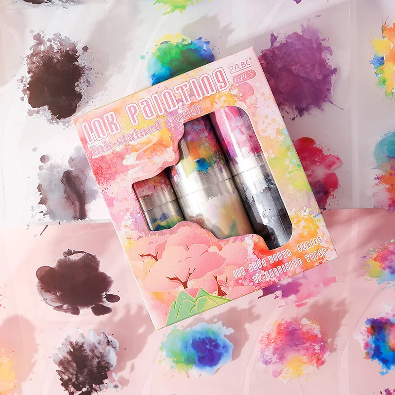 Juego de cintas Washi de PET de acuarela, cinta adhesiva decorativa básica, suministros para diario, papelería, álbum de recortes, cintas adhesivas bonitas, 6 uds.