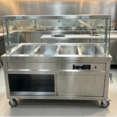 Commercial Mobile Bain Marie Steam Table With Glass Sneeze Guard & Storage Cabinet Buffet Food Warmer Cart For Restaurant