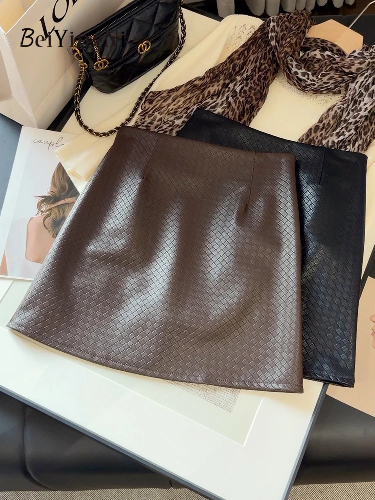 Beiyingni Korean Weaving Plaid Pattern PU Skirts Women New Style Casual Street Sexy Leather Skirt Ladies Y2K Pack Hip Faldas