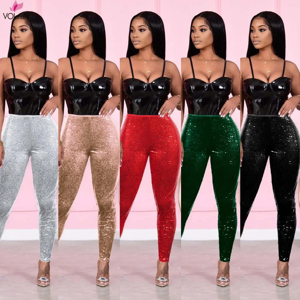 

VOLALO Glitter Sequin Sexy Skinny Pants Women Trousers Push Up High Waist Black Pants Female Winter Club Pencil Bodycon Pants