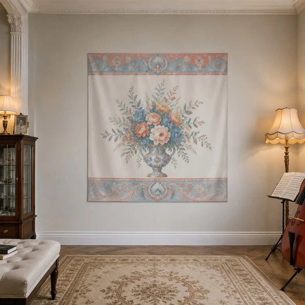 VIKAMA Classic Vase Bouquet Twin Bands Tapestry Wall Hanging, Neoclassical Wall Decor Tapestries for Living Room Bedroom Office