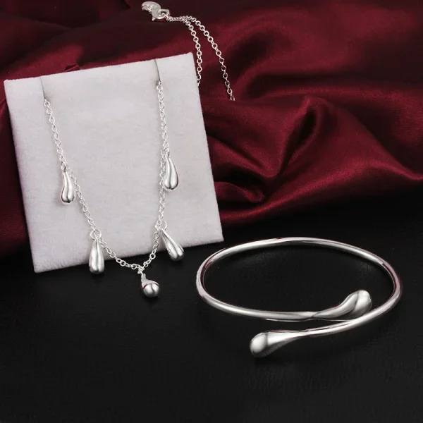Fine 925 Sterling Silver Pretty water drop necklace bangle bracelet Jewelry set for woman Party wedding fashion Holiday gifts