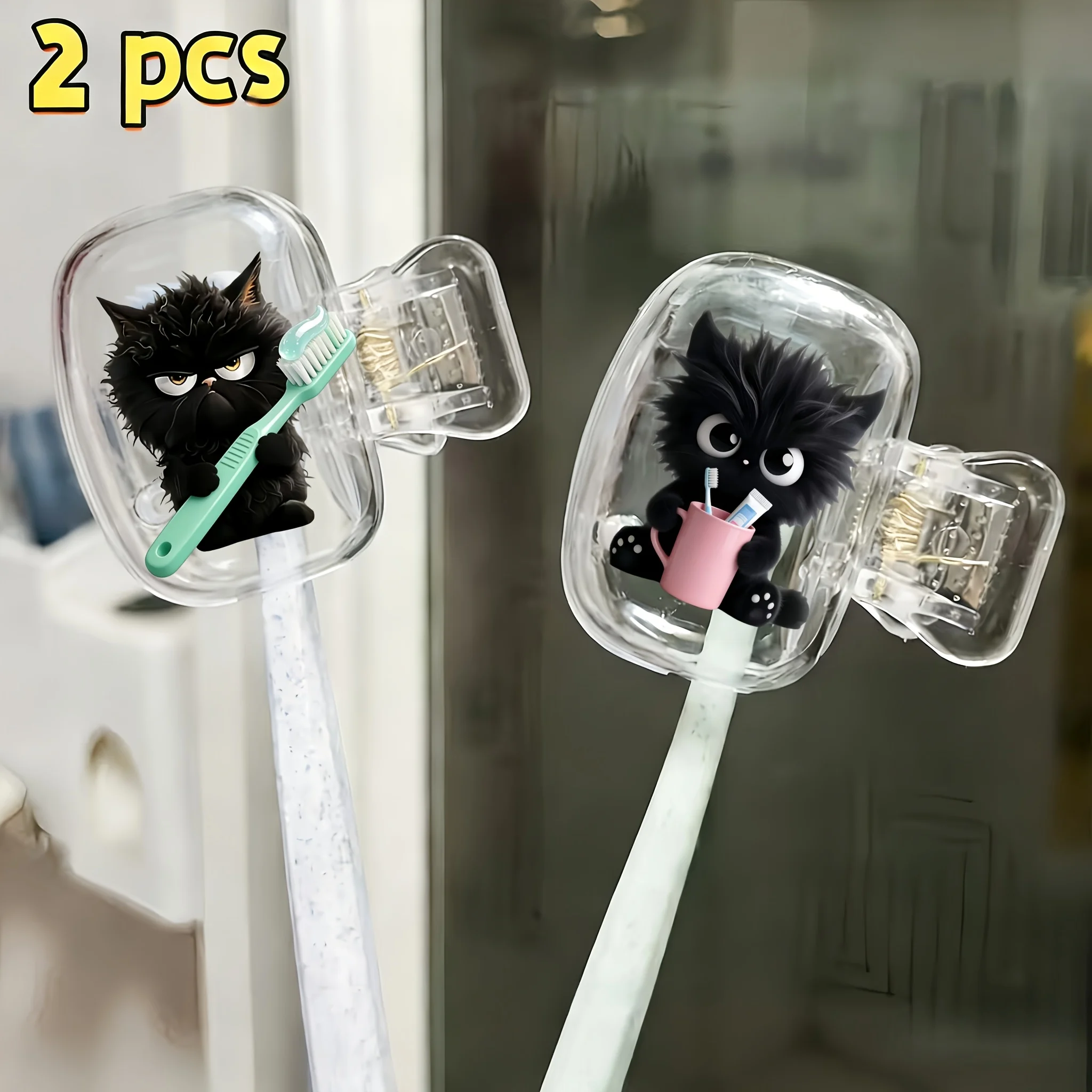 2pcs Black Kittens Toothbrush Storage Box, Bathroom Accessory