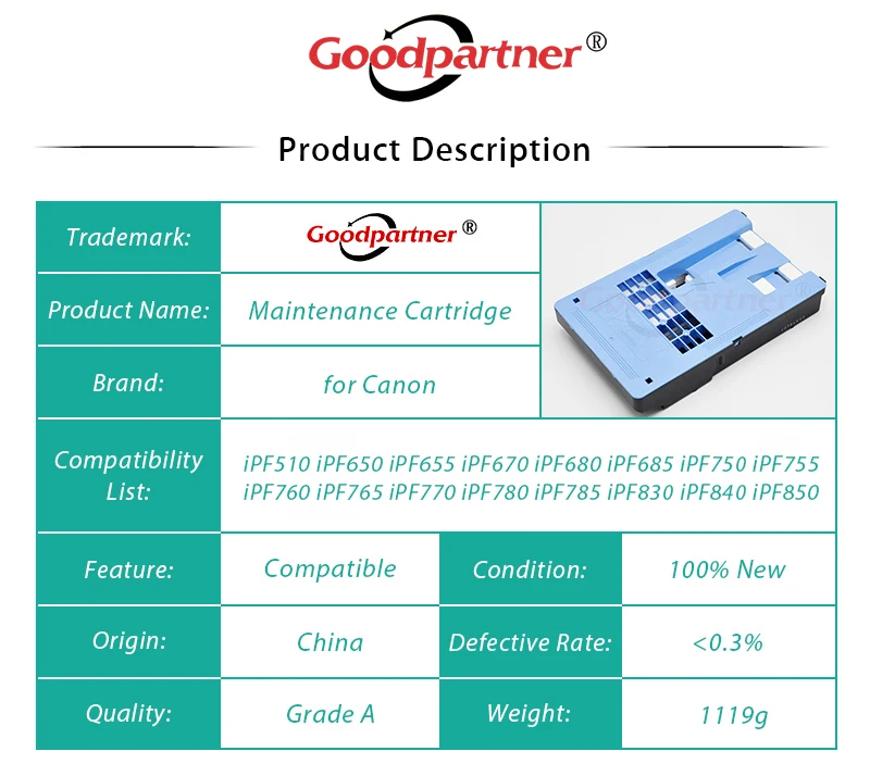 1X MC-10 Maintenance Cartridge for CANON iPF650 iPF655 iPF670 iPF680 iPF685 iPF750 iPF755 iPF760 iPF765 iPF770 iPF780 iPF785 786