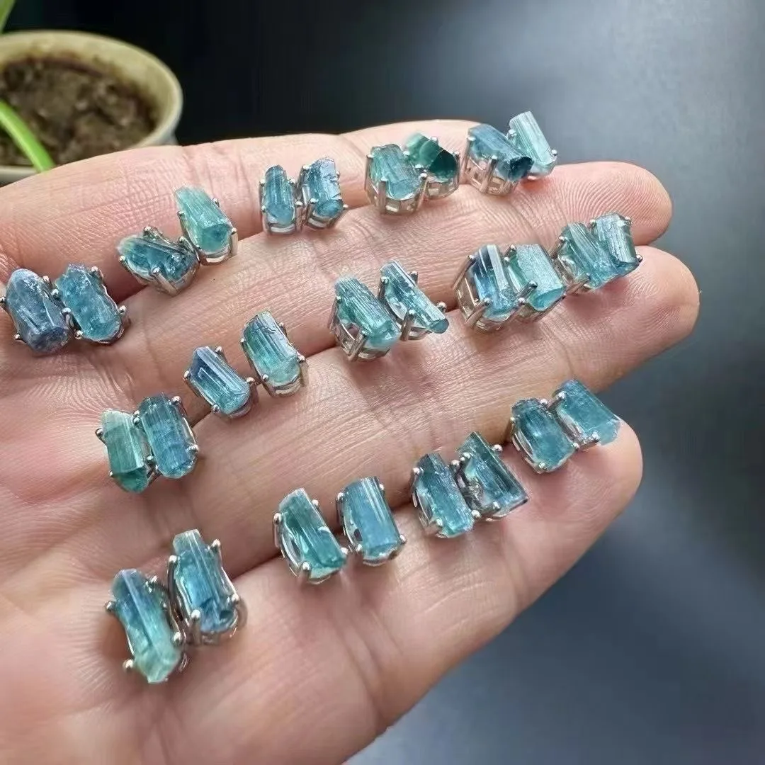 

1Pair Fengbaowu Natural Rough Blue Tourmaline Earring 925 Sterling Silver Crystal Healing Stone Fashion Jewelry Gift Women