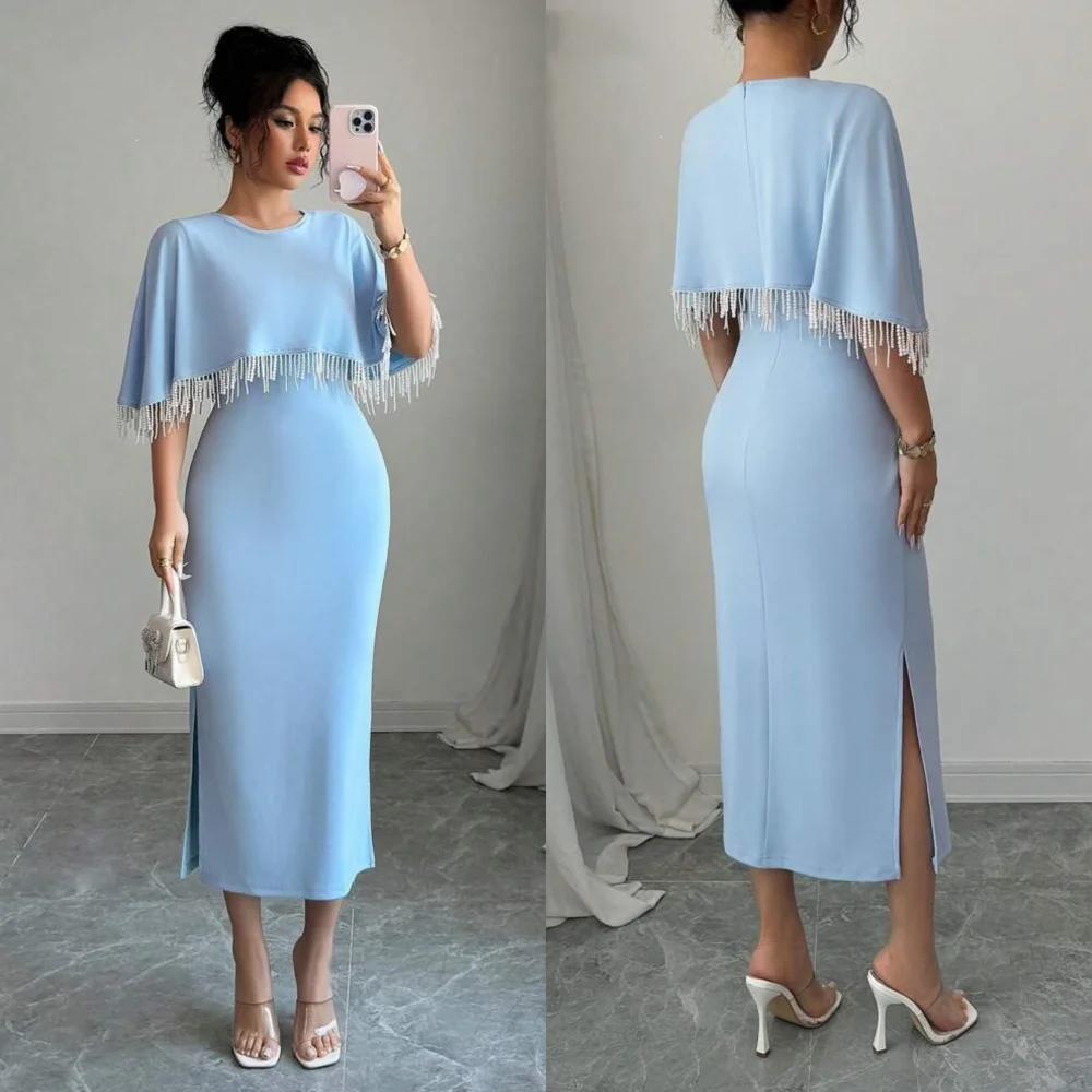 Customized Modern Style Fashion Jersey Tassel Pleat Straight Scoop Neck Tea Length Dresses Bespoke Occasion Dresses Matching
