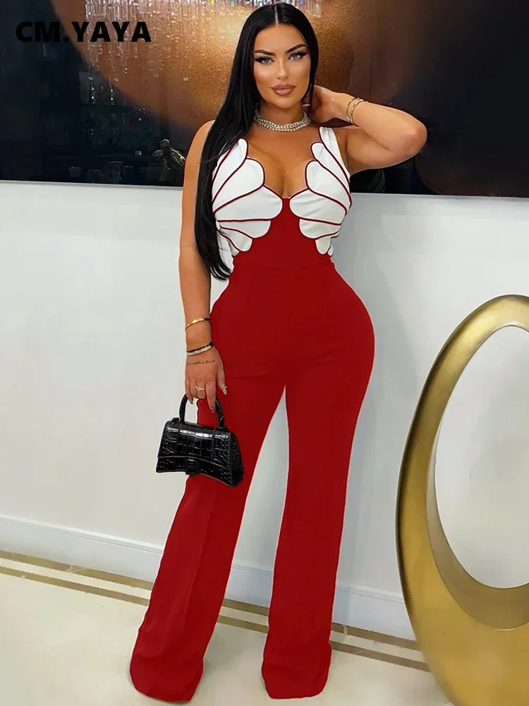 BWQ Women V-Neck Backless Wide Leg Straight Sleeveless Jumpsuits 2025 Spring Patchwork Sexy One Piece Set Streetwear Outfits