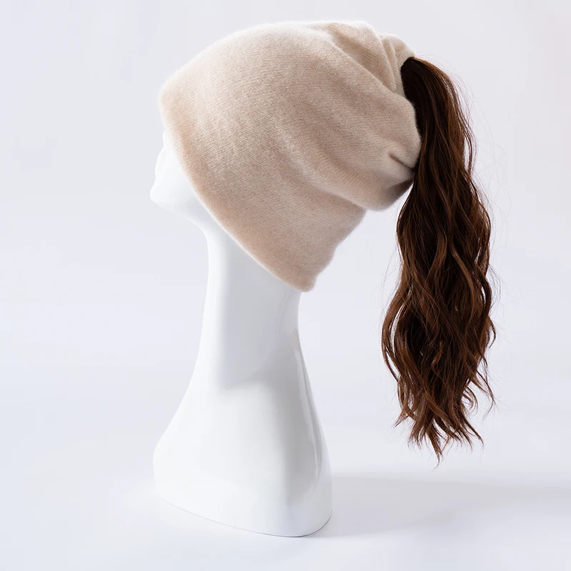 100% Pure Cashmere Slouchy Beanie, Dual-Use Neck Gaiter & Ponytail Hole, Warm Winter Cap for Women
