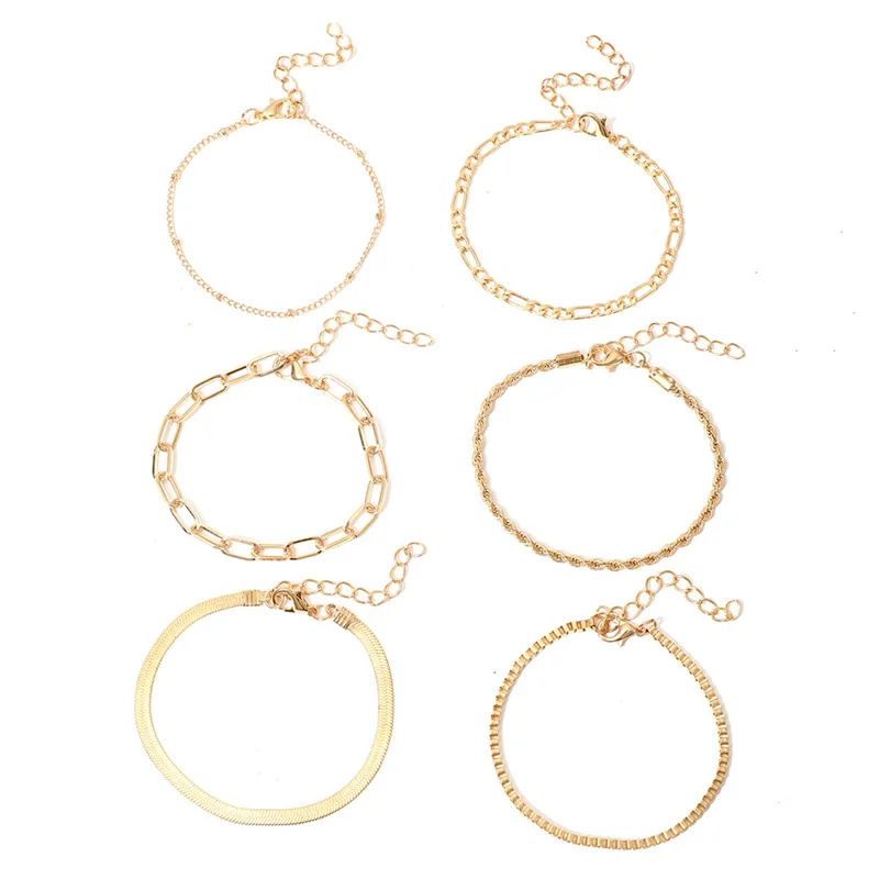 6Pcs/Set Fashion Thick Chain Link Bracelets Set For Women Gold Color Silver Color Metal Snake Chain Twist Bracelet Punk Jewelry