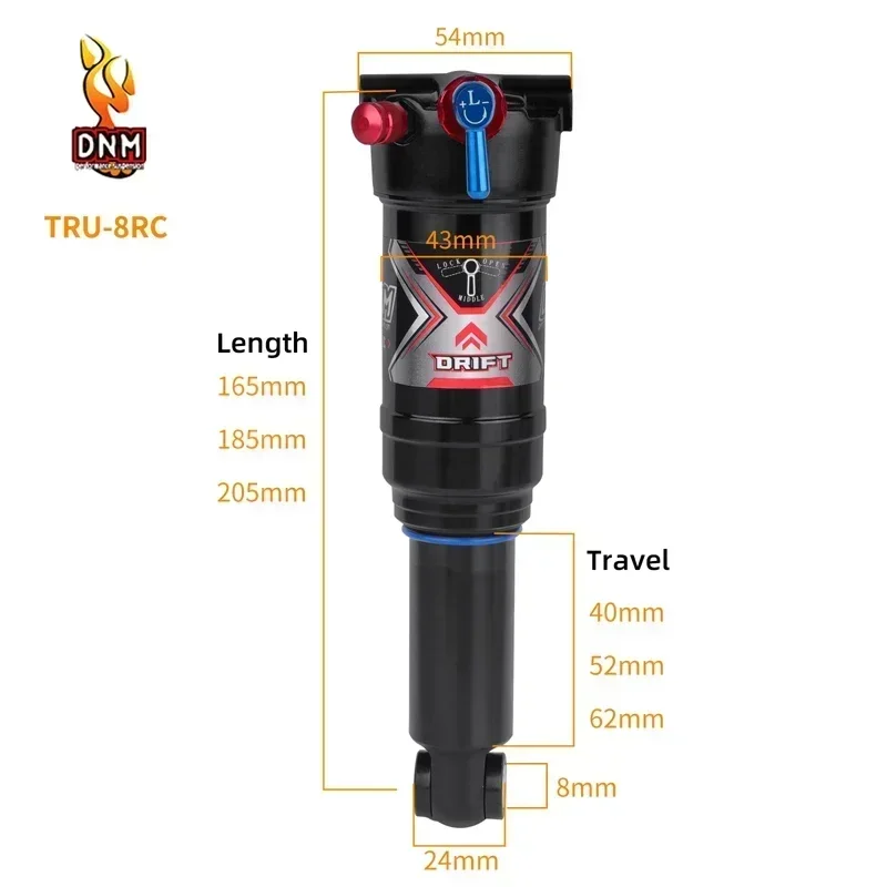 DNM TRU-8RC MTB Bike Shock Absorber 165mm 185mm 205mm For MTB/XC/AM 3-stage Lock-up Damping Adjustment Air Rear Shock Absorber